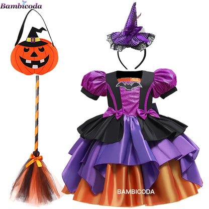 Girls Pumpkin Halloween Costume Dress – Fancy Bat Print Witch Princess Ball Gown for Cosplay, Festival & Party