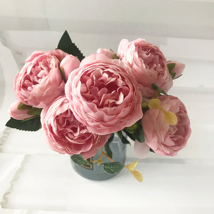 Bouquet de pivoines artificielles roses 30 cm – Fleurs en soie synthétiques avec 5 grandes fleurs et 4 bourgeons pour décoration de mariage, décoration intérieure, arrangements floraux et projets DIY