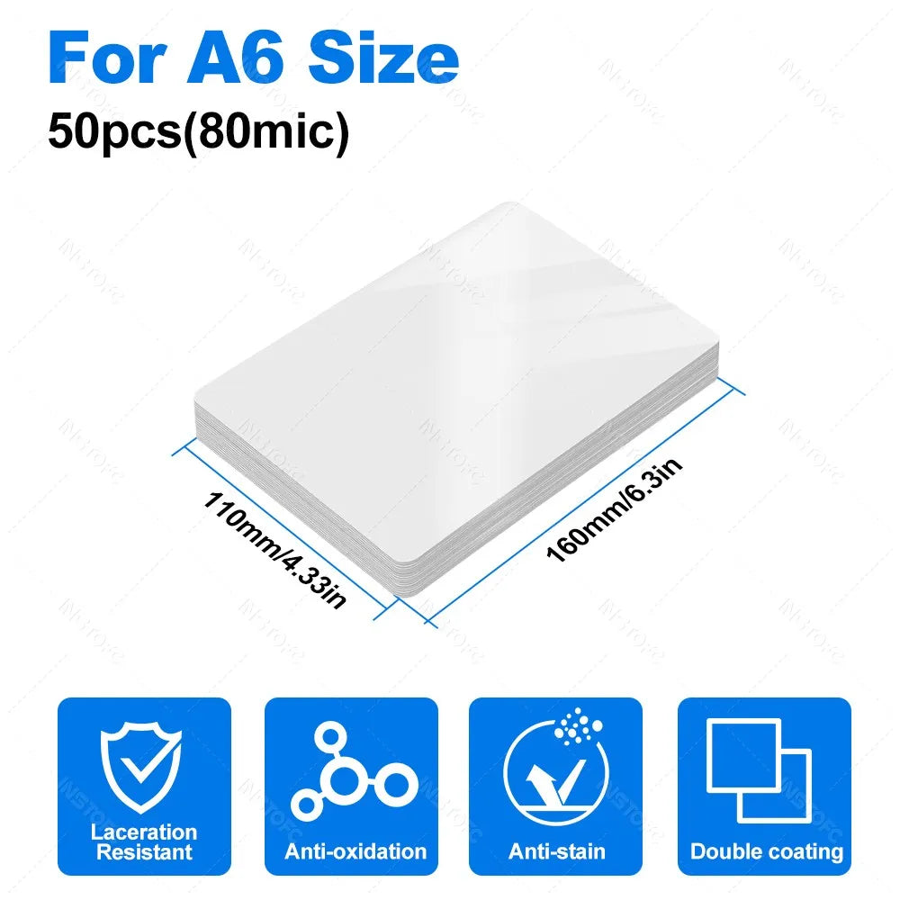 50 Sheets Laminating Film – 80 Micron PET/EVA Thermal Lamination Pouches for 3R, 4R, 5R, A6, A5 & A4, Photos, Files, Cards & Menus