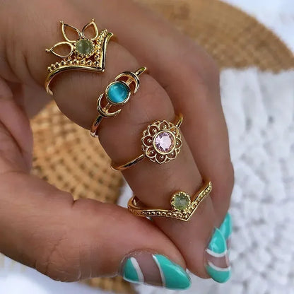 Gold Stainless Steel Lotus Flower Opal Ring – Vintage Oval Stone Statement Ring for Women | Elegant Fashion Jewelry Gift