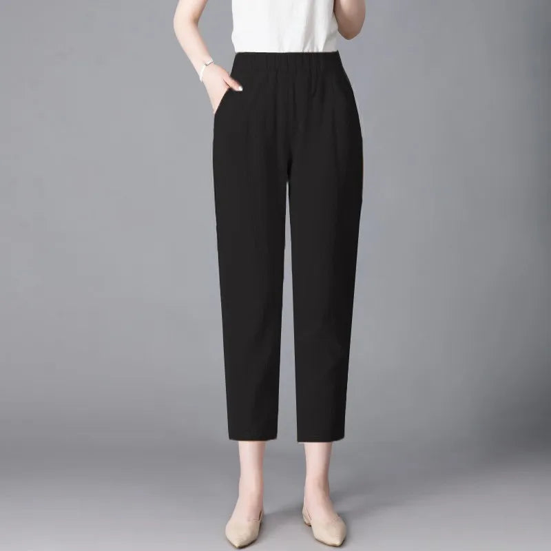 Pantalones Harlan de Verano para Mujer de Lino y Algodón, de Cintura Alta, Sueltos, Delgados, Estampados, Informales, tipo Farol, de Nueve Puntos con Bolsillos