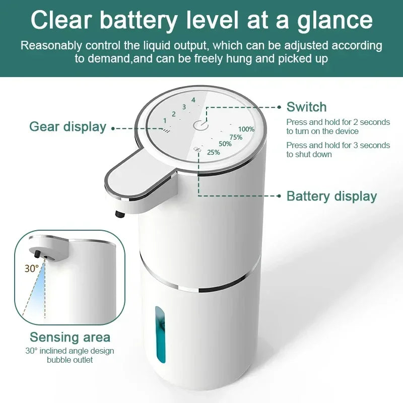 Dispensador automático de jabón sin contacto de 380 ml – Dispensador de jabón líquido y espuma recargable por USB con 4 niveles ajustables