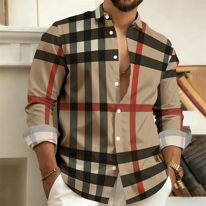 Men’s 3D Printed Plaid Long Sleeve Shirt – Fashion Casual Streetwear Top for Outdoor Everyday Wear, Sizes S–6XL
