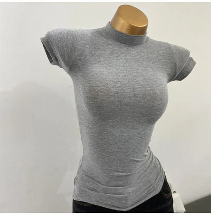 Half High Collar Korean T-Shirt – Transparent Short Sleeve Slim Fit Elastic Inner Top, Solid Color Bottoming Shirt for Women, Stylish Layering & Fashion Casual Wear