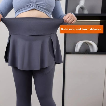 Plus Size Women's 2-in-1 Skirted Leggings – High-Waist Yoga & Training Pants with Pockets, Sharkskin Fabric & Faux Two-Piece Design