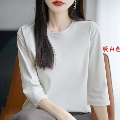 Camiseta de algodón mercerizado para mujer, manga corta, cuello redondo, top básico suave de verano