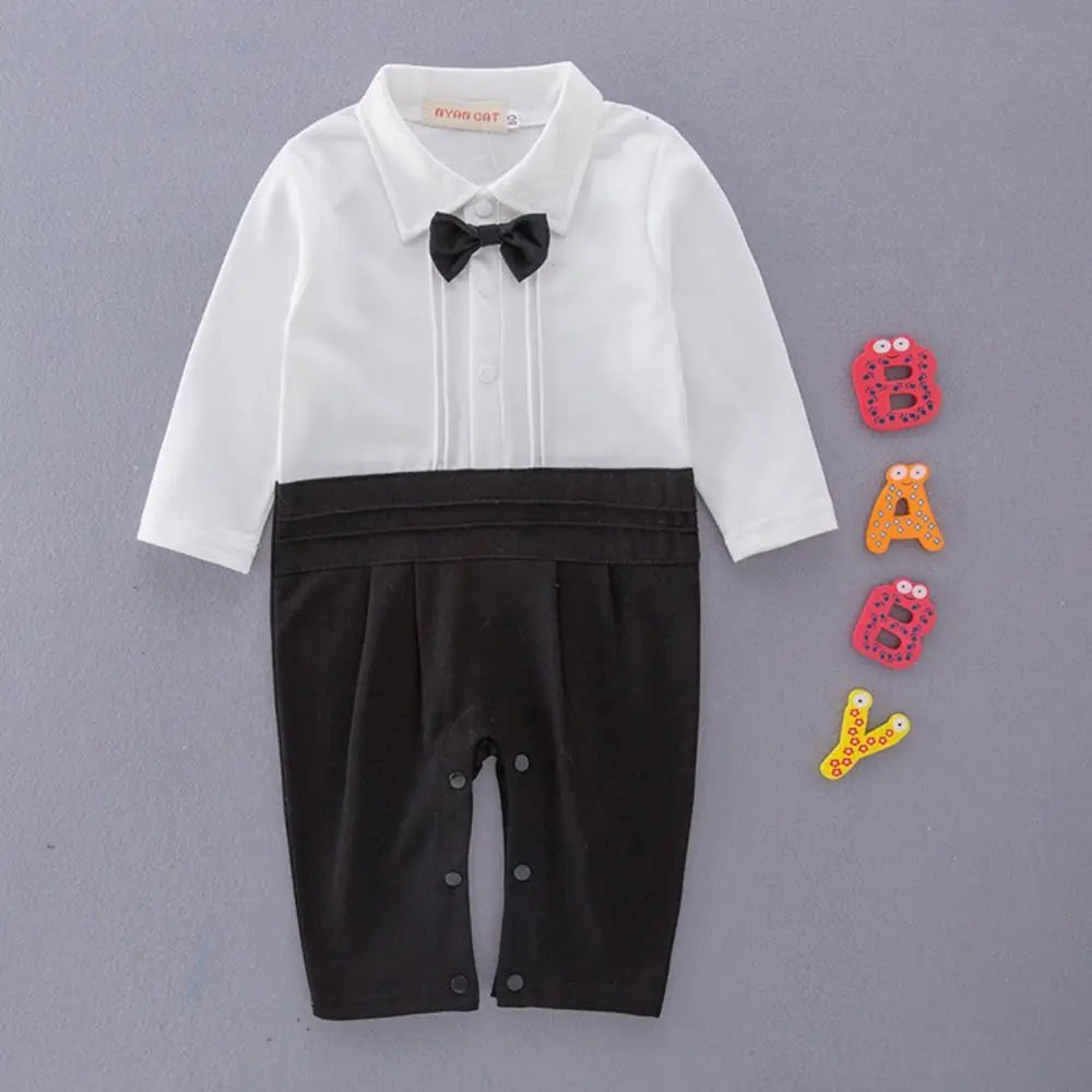 2PCS Baby Boy Gentleman Tuxedo Outfit Set – Black Striped Vest Romper with Bow Tie, Formal Suit Costume for Birthday, Parties & Special Occasions