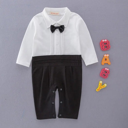 2PCS Baby Boy Gentleman Tuxedo Outfit Set – Black Striped Vest Romper with Bow Tie, Formal Suit Costume for Birthday, Parties & Special Occasions