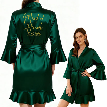Elegant Satin Bathrobe – Personalized Wedding Date Bride Bridesmaid Robe Gift for Bridal Party Women