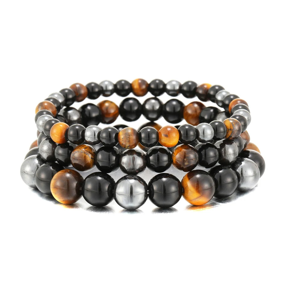 Bracelet de perles en obsidienne noire naturelle, hématite et œil de tigre – Bracelet en pierres naturelles pour homme, protection, énergie et accessoire de mode