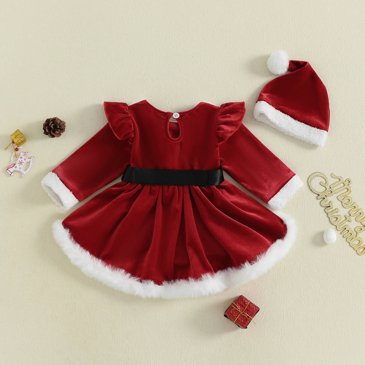 Citgeett Baby Girls Christmas Bodysuit Dress Set, Winter Plush Patchwork Long Sleeve Jumpsuit with Cute Santa Hat, Infant Holiday Outfit for Christmas Parties, Photoshoots and Festive Celebrations