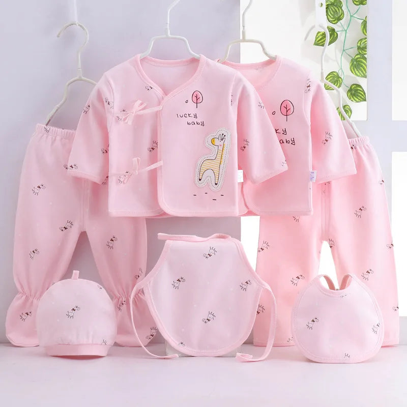 Conjunto de ropa de bebé de 7 piezas para recién nacido – Bonito conjunto de camiseta, pantalones y gorro de algodón con estampado de dibujos animados para bebés y niñas