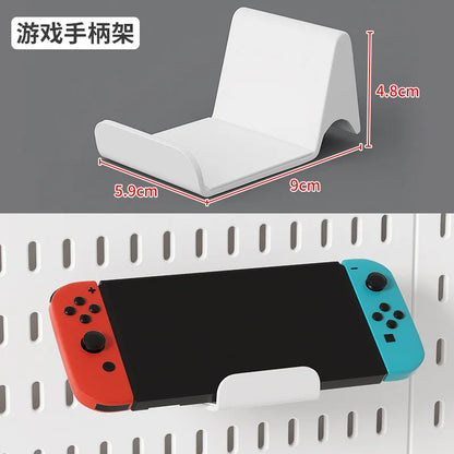 Organizador de pared de tablero perforado sin taladros – Panel de almacenamiento modular con estantes y accesorios para cocina, baño y sala de juegos