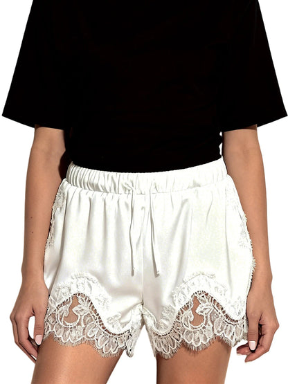 Pantalones cortos de mujer con cordón elástico en la cintura y patchwork de encaje, informales para el verano y el descanso