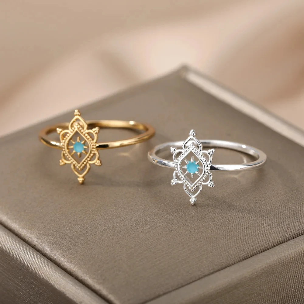 Gold Stainless Steel Lotus Flower Opal Ring – Vintage Oval Stone Statement Ring for Women | Elegant Fashion Jewelry Gift