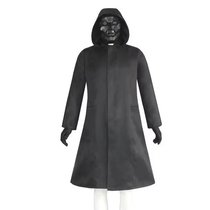 Korean Drama Game Inspired Cosplay Costume – Black Jumpsuit with Gloves, Triangle Mask Disguise & Medieval Coat Outfit for Carnival, Halloween & Party Roleplay