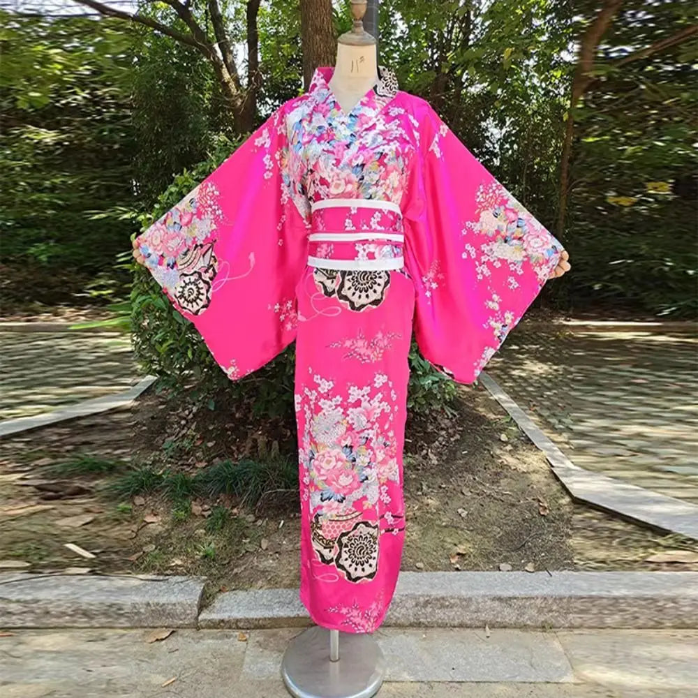 Japanese Kimono Cosplay Costume – Floral Sakura Printed Dress, Traditional Asian Style Kimono Outfit for Women Halloween & Party Wear