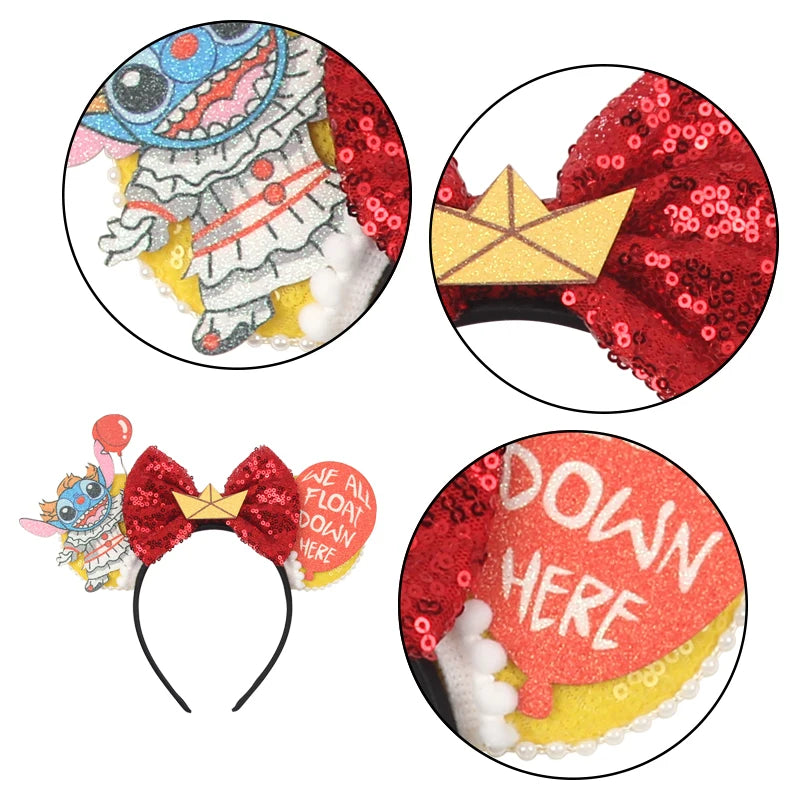 Diadema de orejas de Mickey Mouse de Lilo & Stitch – Lazo de lentejuelas de 5" Accesorio para el cabello de dibujos animados para mujeres y niñas | Diadema para fiestas y festivales