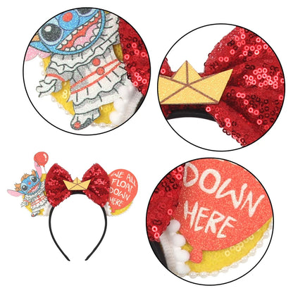 Diadema de orejas de Mickey Mouse de Lilo & Stitch – Lazo de lentejuelas de 5" Accesorio para el cabello de dibujos animados para mujeres y niñas | Diadema para fiestas y festivales