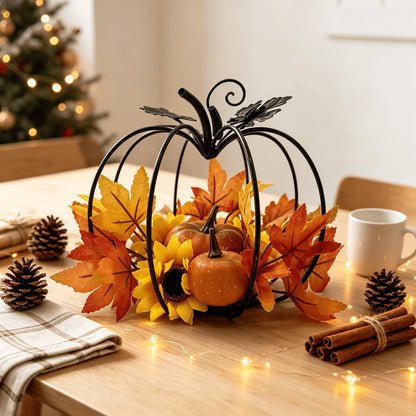 Black Iron Pumpkin Decoration – Autumn Harvest Desktop Decor with Artificial Maple Leaves, Sunflower & Pumpkin Accents for Thanksgiving