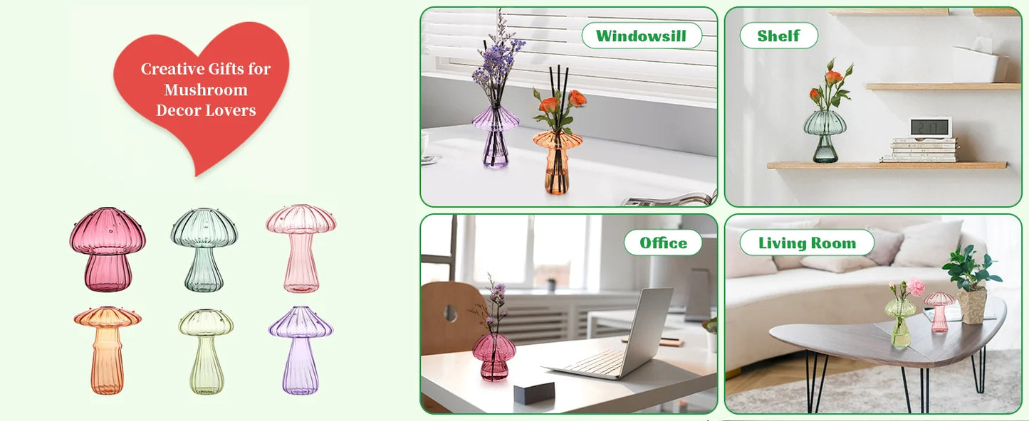 Mini Mushroom Glass Vase Set – Propagation Terrarium for Plants, Flowers & Home Office Décor
