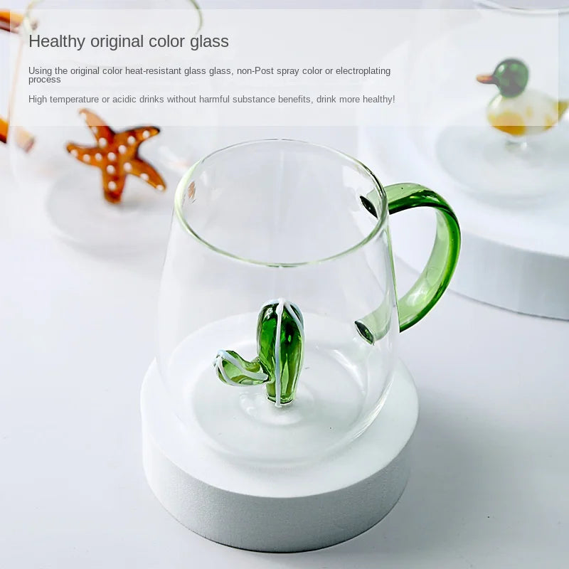 3D Animal Glass Coffee Mug – Heat-Resistant Figurine Drinking Cup with Cute Squirrel & Cactus Design, Novelty Christmas Gift for Women