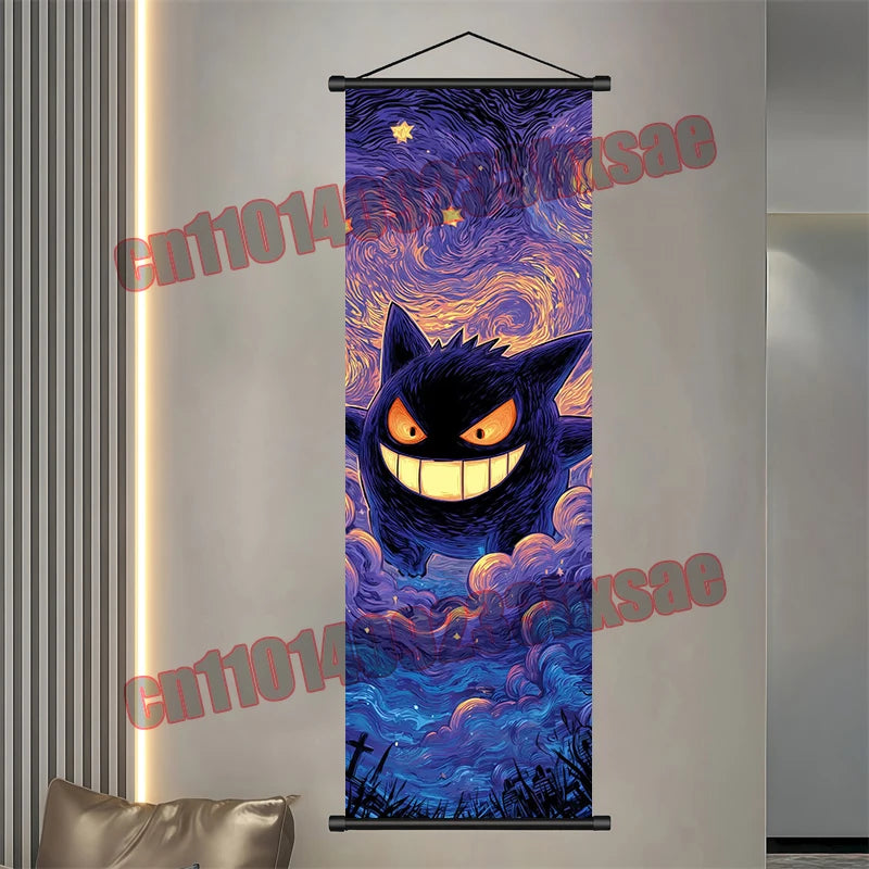 Pokémon Anime Wall Poster – Gengar Eevee Pikachu Scroll Painting Retro Canvas Artwork for Home Decor