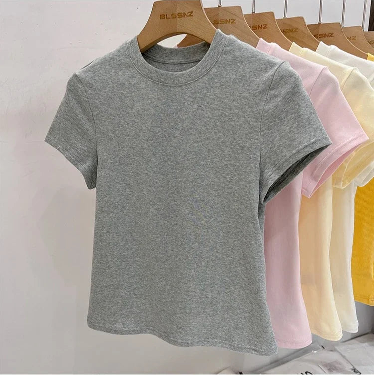 Zjaiss 2026 T-shirt col rond mode été sexy basique uni à manches courtes pour femme style coréen décontracté streetwear