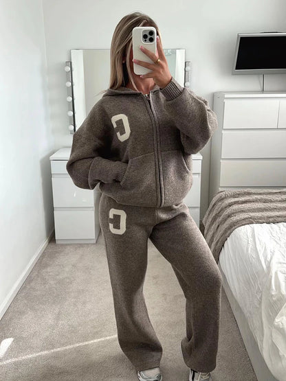 Women’s Hooded Knit Tracksuit 2-Piece Set – Casual Knitted Jacket & Pants Trousers, Cozy Two-Piece Outfit for Everyday Wear