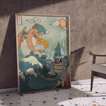 Pokémon Dracaufeu & Tortank Impression sur Toile Décoration Murale Tableau Poster HD pour Salon Maison