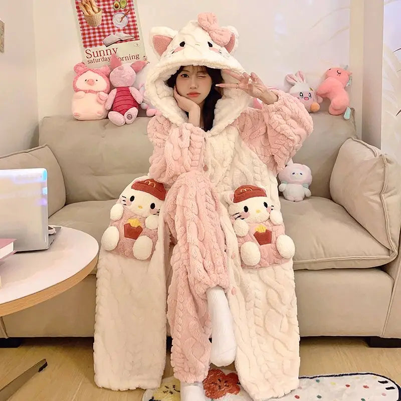 Sanrio Hello Kitty Girls' Velvet Pajama Set – Cute Cartoon Long Bathrobe & Nightgown, Soft Cozy Home Sleepwear for Kids
