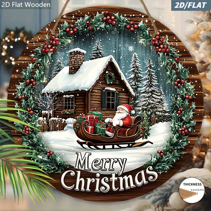 2D Wooden Christmas Wreath Sign – Embossed Santa Claus Sleigh Scene Door & Wall Decoration for Holiday Home Decor