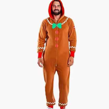 Gingerbread Christmas Costume Hooded Zipper Jumpsuit for Men, Women and Kids, Long Sleeve Holiday Cosplay Outfit for Christmas Parties, Theme Events and Dress-Up Role Play