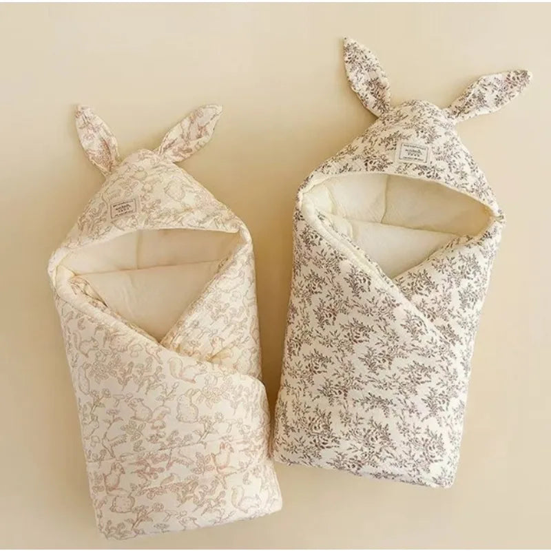 Newborn Cotton Swaddle Blanket with Cute Bunny Ears – Extra-Soft Thermal Baby Wrap for Hospital, Delivery & Cozy Infant Sleeping