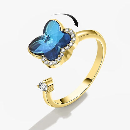 Anillo giratorio antiestrés de mariposa y flor con diamantes de imitación – Anillo giratorio antiansiedad para mujer | Joyería ajustable para aliviar el estrés