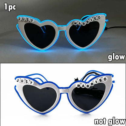 Just Married LED Heart Glasses – Light-Up EL Neon Glasses for Weddings, Engagements & Bridal Showers