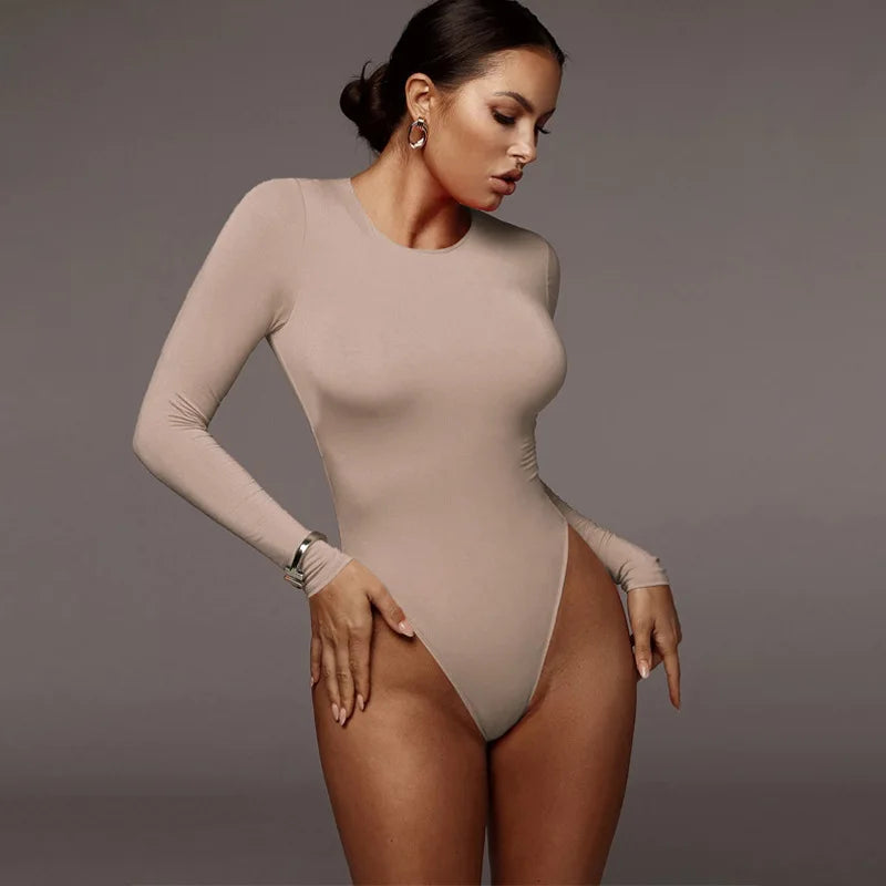 Women O-Neck Long Sleeve Bodysuit – Solid Color Sexy Casual Streetwear Body Top (White/Black/Gray)