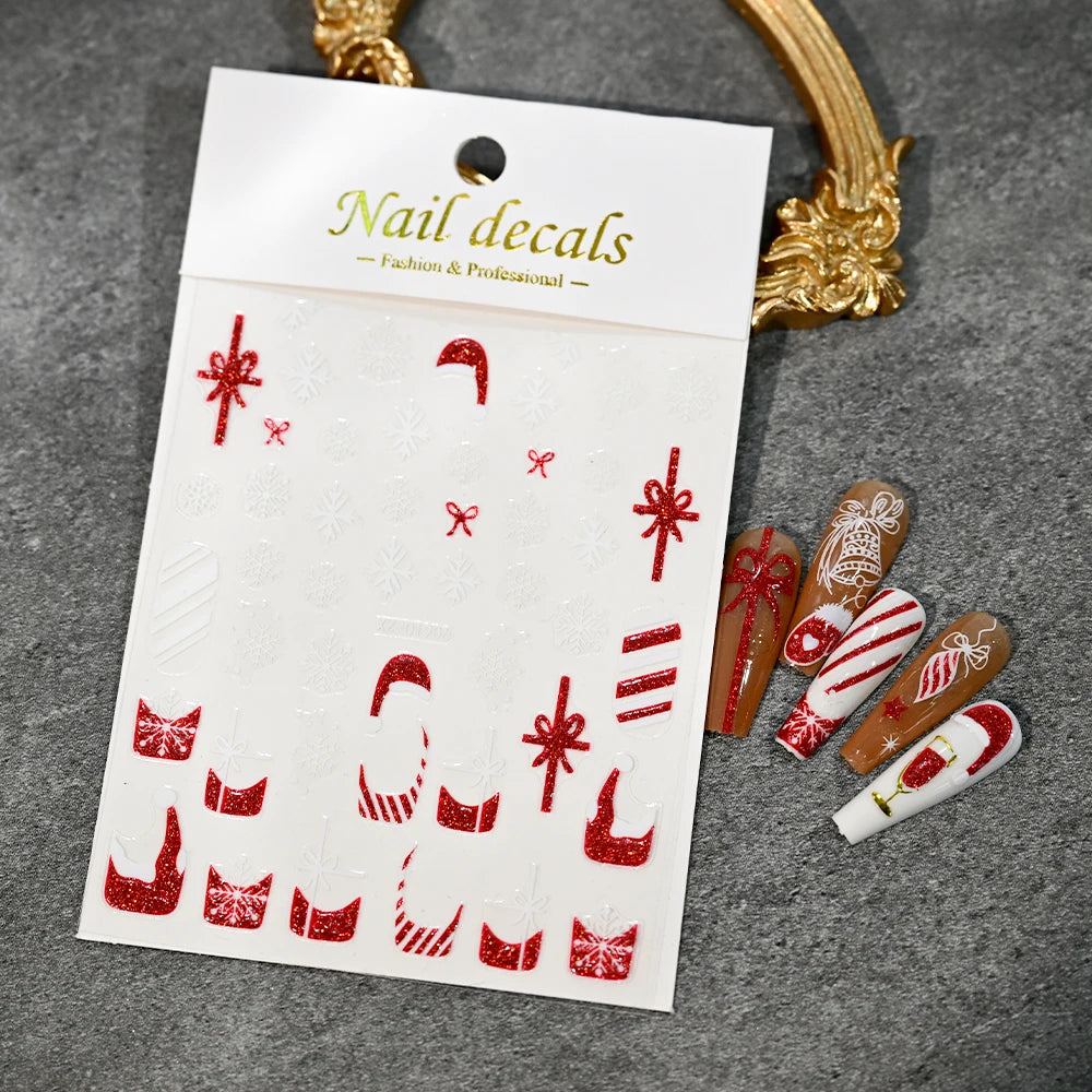Christmas Nail Art Stickers – Red Glitter Snowflake, Elk & Snowman Self-Adhesive Holiday Manicure Decals (1–12pcs)