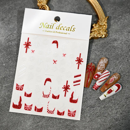 Christmas Nail Art Stickers – Red Glitter Snowflake, Elk & Snowman Self-Adhesive Holiday Manicure Decals (1–12pcs)