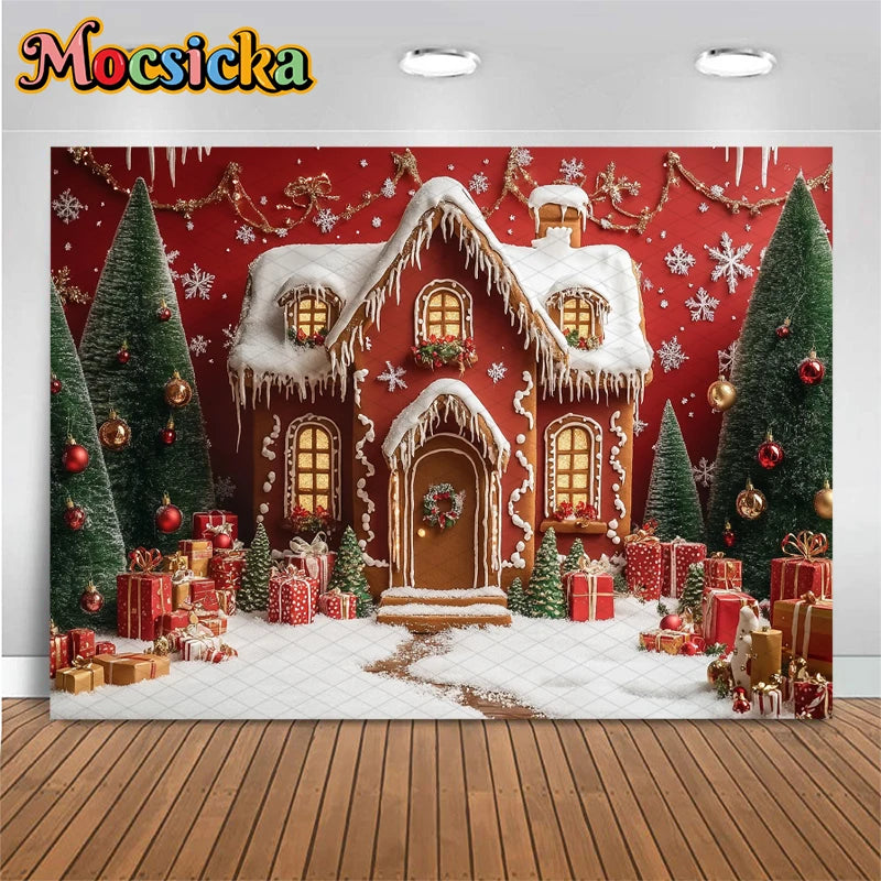 Mocsicka Christmas House Photography Backdrop – Xmas Tree, Snowman & Gifts Holiday Background for Children, Adults, Family & Party Decor