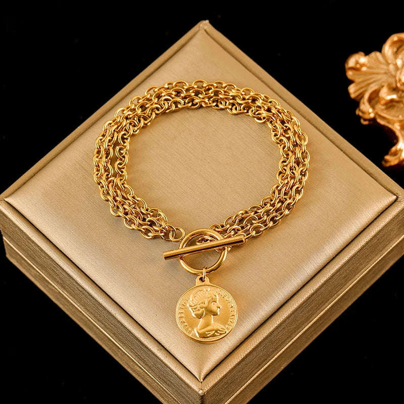 Pulsera de acero inoxidable 316L con dijes de estrellas de mar, luna y estrellas doradas – Cadena de muñeca moderna para mujer, regalo de joyería para fiestas