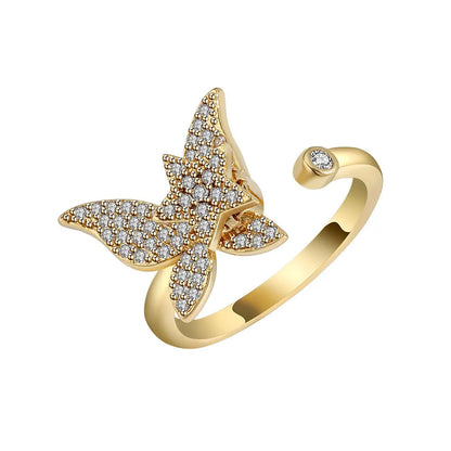 Anillo giratorio antiestrés de mariposa y flor con diamantes de imitación – Anillo giratorio antiansiedad para mujer | Joyería ajustable para aliviar el estrés