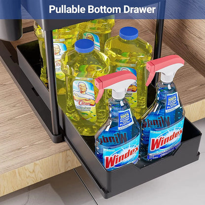 2-Tier Kitchen Sink Organizer – Sliding Cabinet Basket with Hooks & Cups for Space-Saving Storage