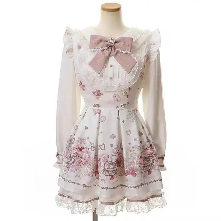 Vestido japonés Sweet Lolita Kawaii para mujer 2025, estampado de primavera, lazo, vestido falso de dos piezas, estilo coreano, ropa de fiesta