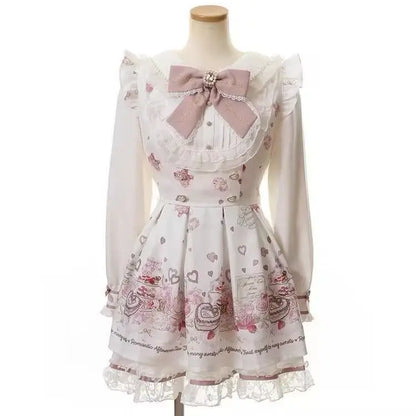 Vestido japonés Sweet Lolita Kawaii para mujer 2025, estampado de primavera, lazo, vestido falso de dos piezas, estilo coreano, ropa de fiesta