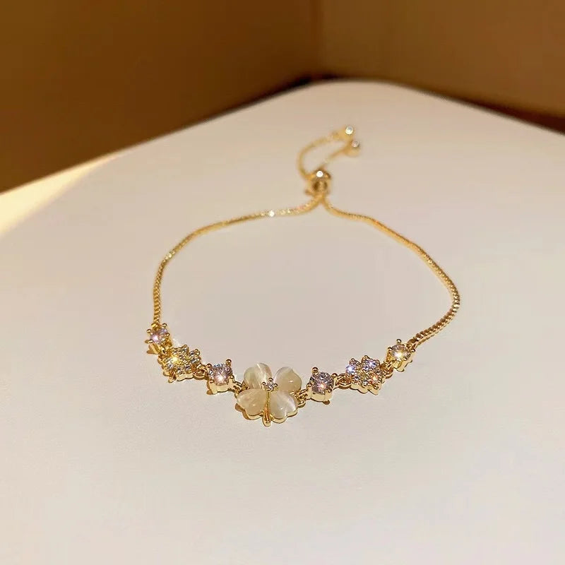 Women’s Fashion Four Leaf Grass Gold Color Adjustable Bracelet Korean Style Wedding Party Jewelry