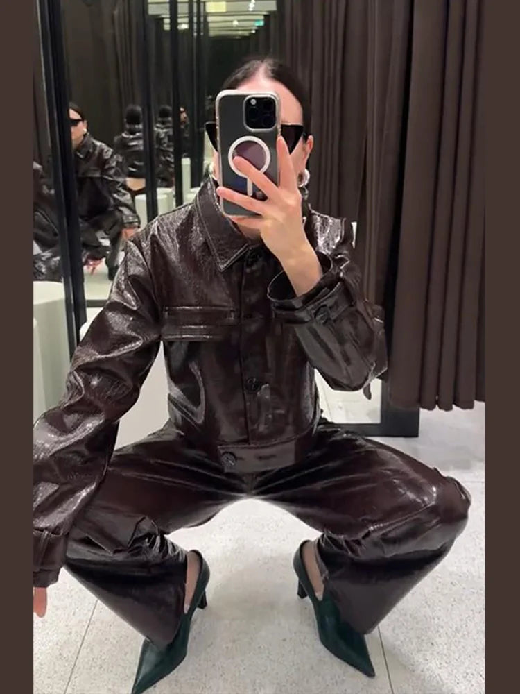 Women’s Y2K Punk Embossed Leather 2-Piece Set 2025 – Cropped Lapel Jacket & Matching High-Waist Pants, Chic Streetwear Outfit