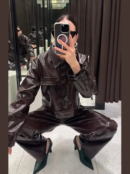 Women’s Y2K Punk Embossed Leather 2-Piece Set 2025 – Cropped Lapel Jacket & Matching High-Waist Pants, Chic Streetwear Outfit