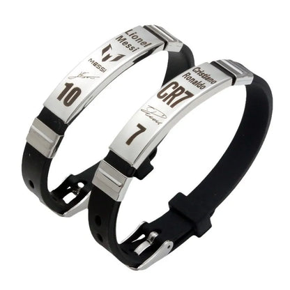 Pulsera de fútbol de acero inoxidable y silicona – Regalo para fans de Messi, Ronaldo y Neymar para hombres y niños