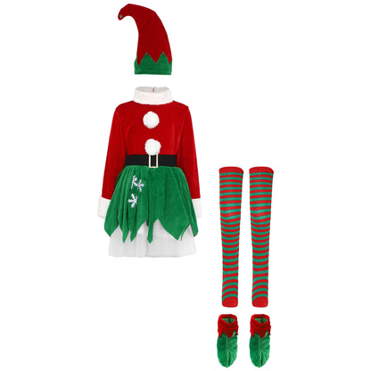 Kids Girls Christmas Elf Costume Set, Santa Claus Holiday Outfit with Accessories, Festive Xmas Dress-Up Costume for Christmas Parties, New Year Celebrations, School Events and Holiday Cosplay